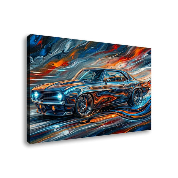 A rectangular canvas wall art print showing an abstract, colorful depiction of a classic 1969  Camaro muscle car in motion, photographed against a plain white background.
