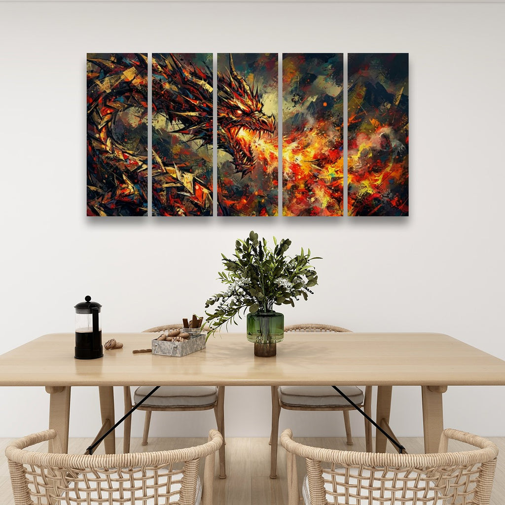 A five-panel canvas wall art set depicting a fiery dragon in abstract brushstrokes, displayed above a light wood dining table with woven chairs in a modern dining room setting.