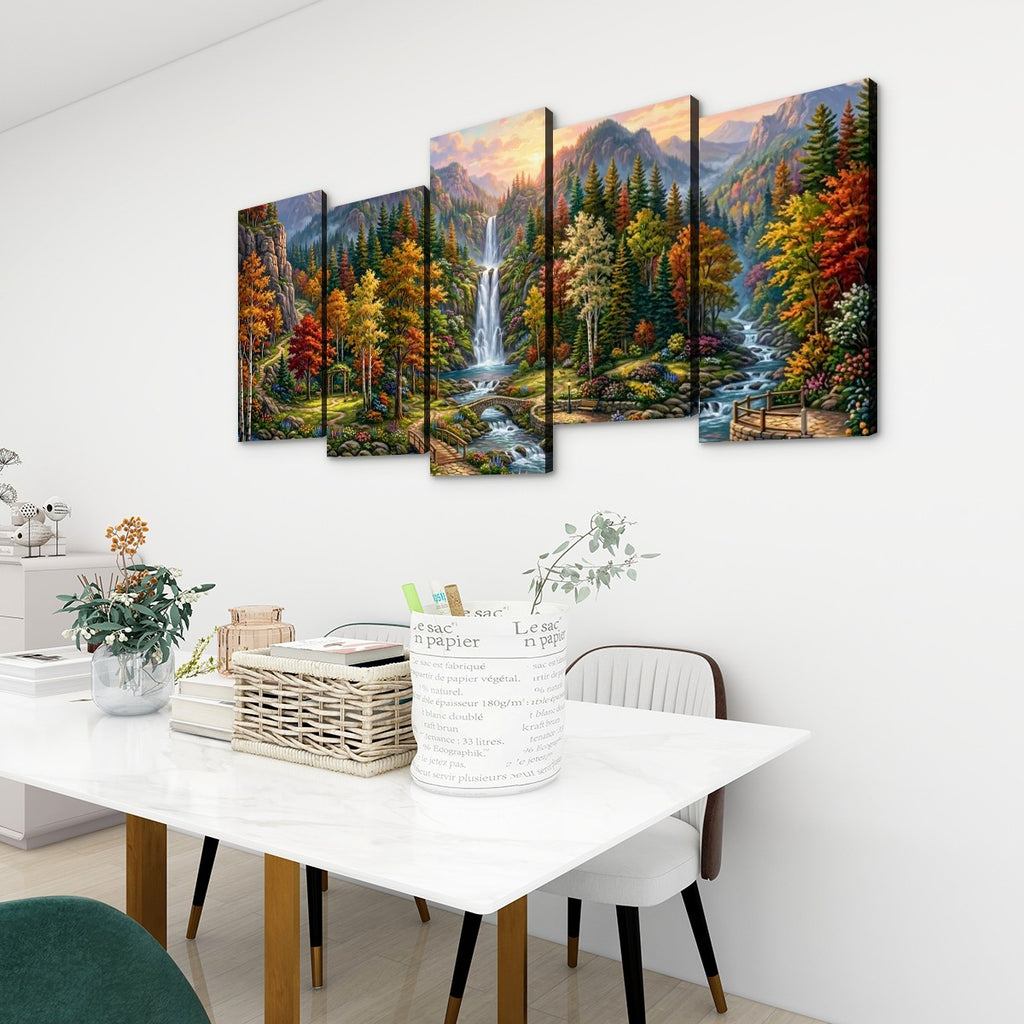 Waterfall Landscape Mountain Multi-Color Scene 5-Panel Canvas Wall Art