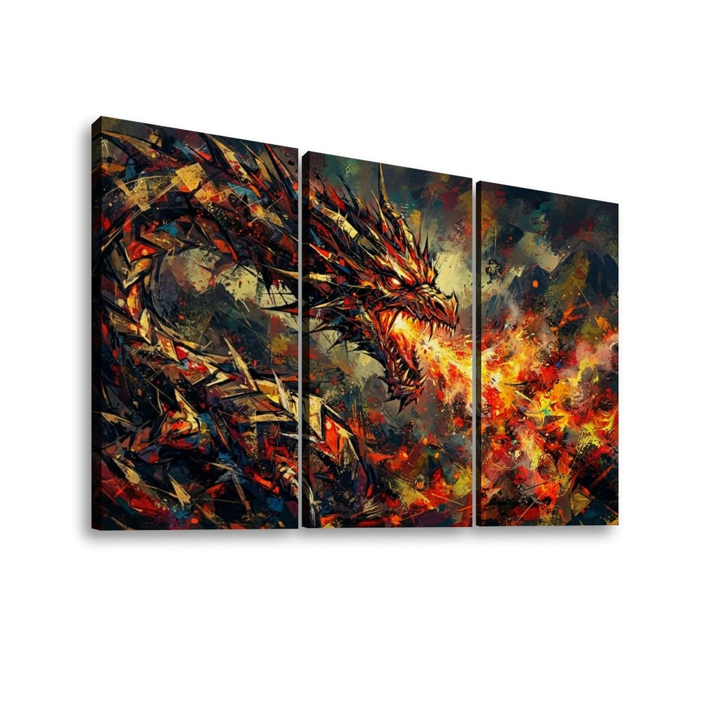 A three-panel canvas wall art set depicting a dramatic fiery dragon in an abstract, painterly style on a white background.