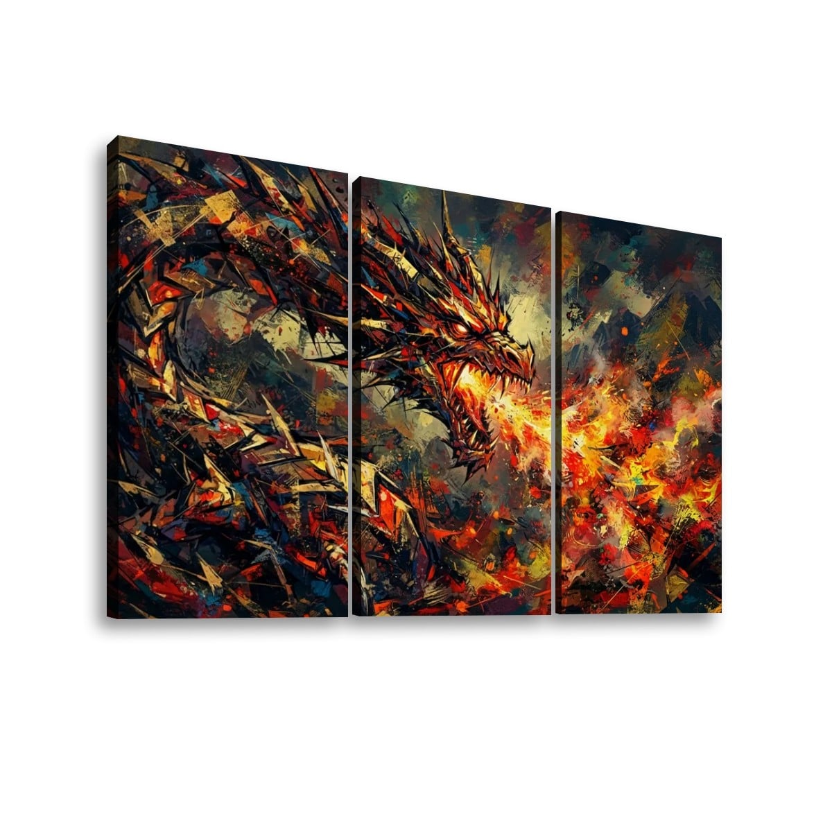 A three-panel canvas wall art set depicting a dramatic fiery dragon in an abstract, painterly style on a white background.