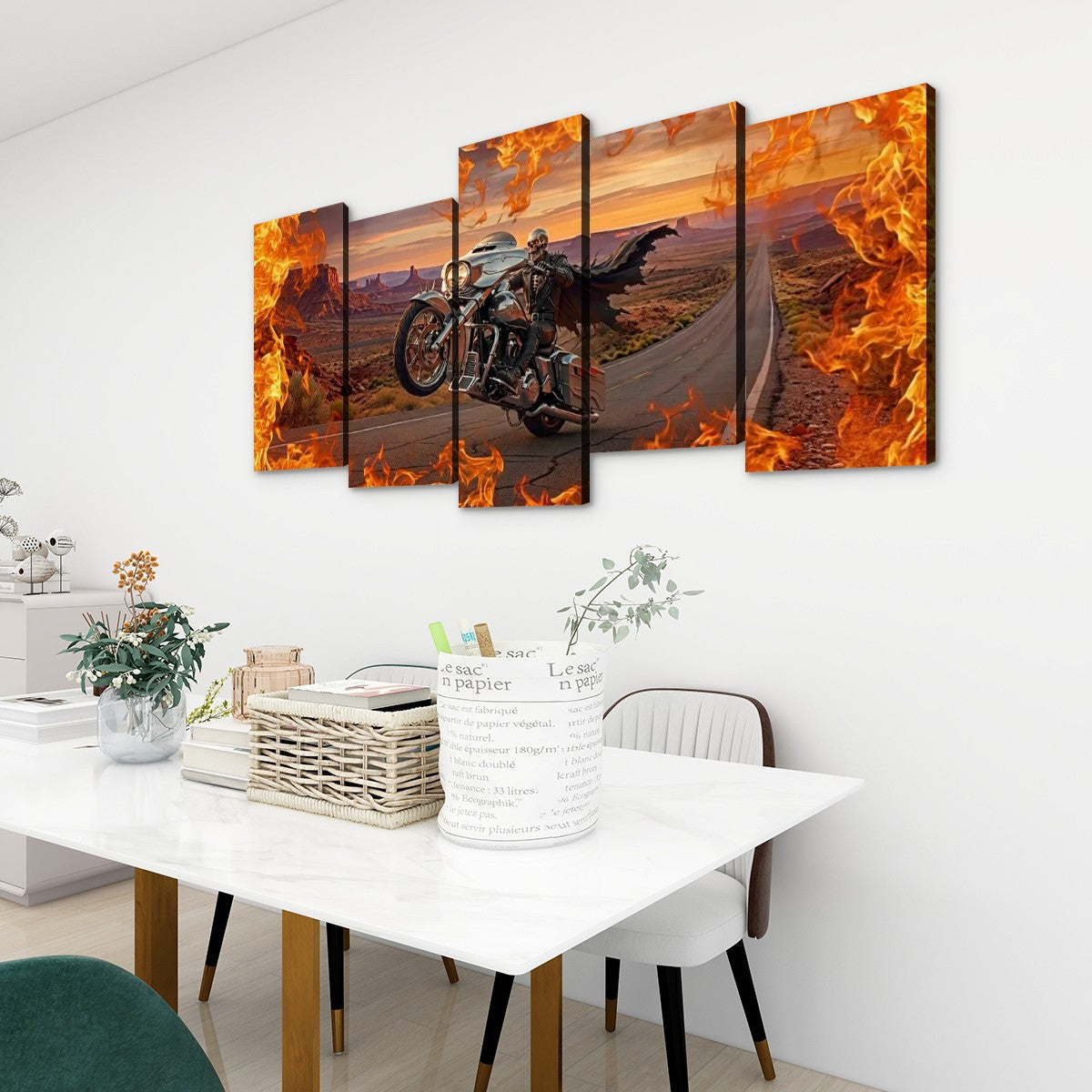 Skeleton Fire Bagger Chrome Motorcycle Tank, Saddlebags w/ Fire Split Canvas Panel Wall Art