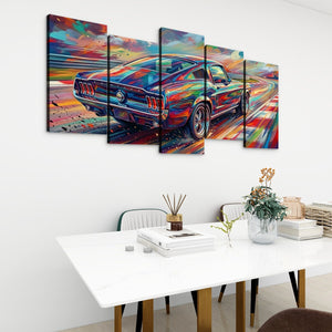 A five-panel canvas wall art set depicting a colorful, abstract-style 1967 Ford Mustang Fastback classic muscle car, displayed on a white wall above a modern dining table with chairs and decor.