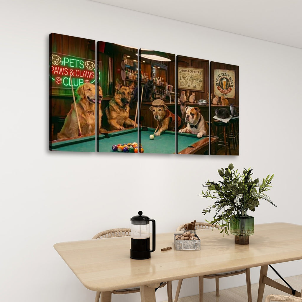 A multi-panel canvas wall art set depicting dogs playing pool in a bar scene, displayed on a white wall above a dining table with chairs, a French press, and a potted plant.