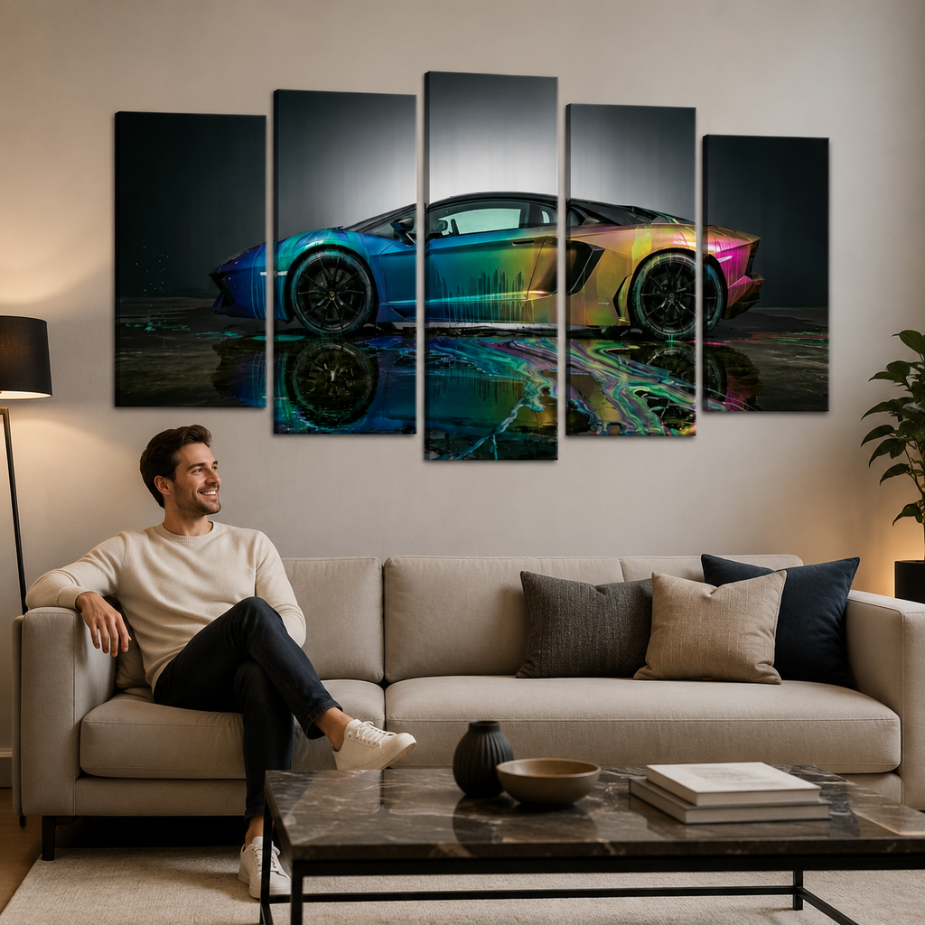 A man sits on a beige sofa in a modern living room, looking at a five-panel canvas wall art set depicting a colorful Lamborghini Aventadori sports car with a dark reflective background.