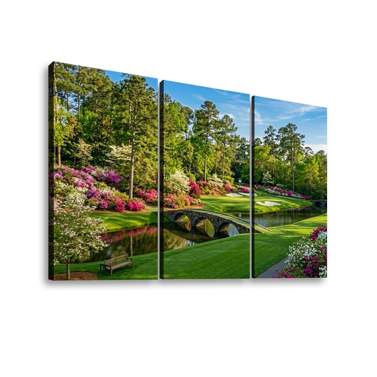 Georgia Golf Course Canvas Wall Art — Flowers, Water & Bridge Multi-Panel Print