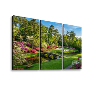 Georgia Golf Course Canvas Wall Art — Flowers, Water & Bridge Multi-Panel Print