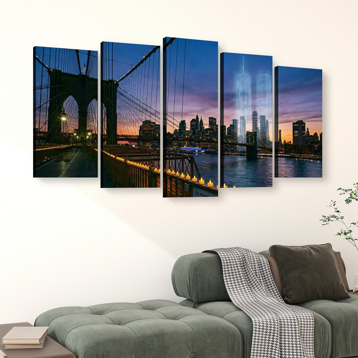 A 5-panel canvas wall art set depicting a New York City skyline at dusk, hung above a green sofa in a living room setting.