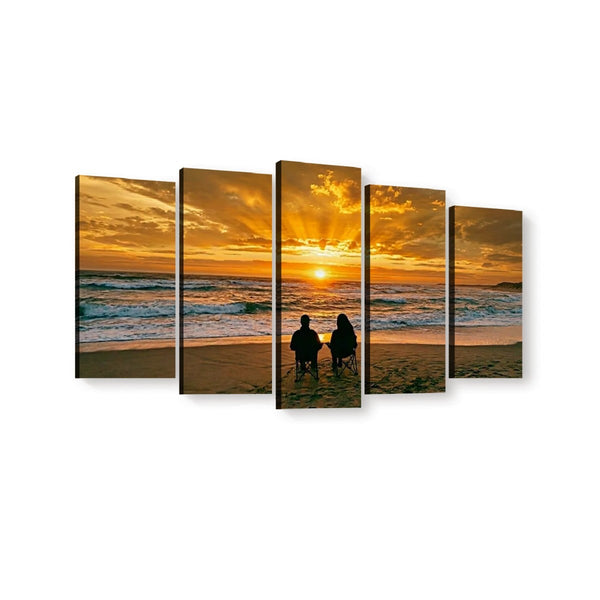 Sunset Surf Couple on the Beach Canvas Wall Art – Romantic Coastal Scene | 5-Panel Level Print