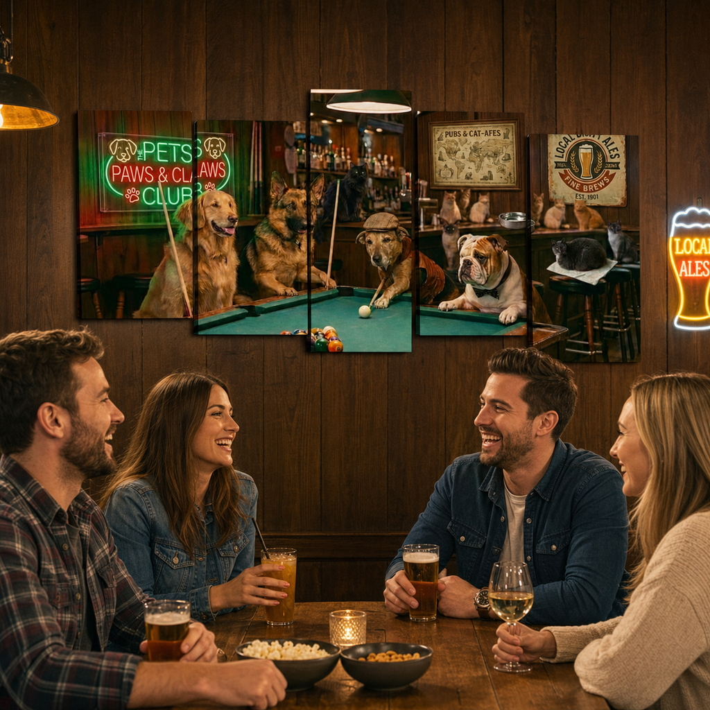 A multi-panel canvas wall art set depicting dogs playing pool in a bar, shown hanging on a dark wood-paneled wall above a group of four friends sitting at a wooden table with drinks and snacks.