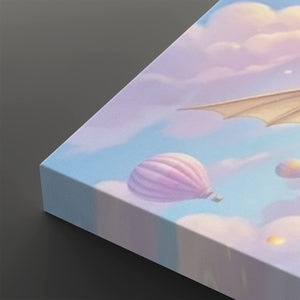 A close-up of a rectangular canvas or print showing a pastel sky scene with clouds, a hot air balloon, and part of a winged creature, photographed against a dark gray background.