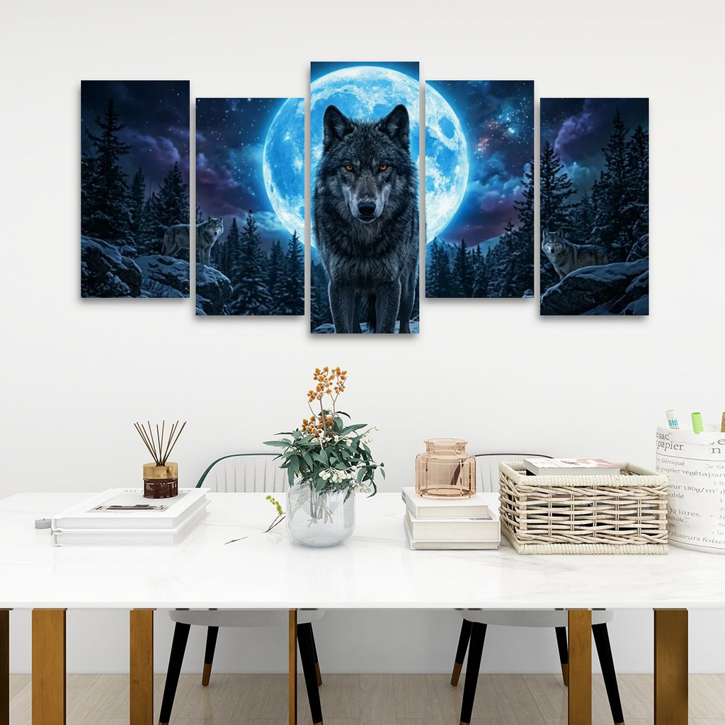 Howling Wolves with Blue Moon — 5-Panel Canvas Wall Art