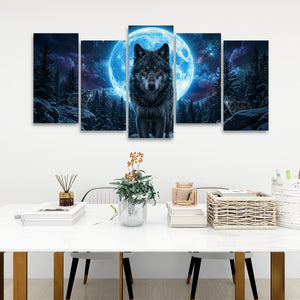 Howling Wolves with Blue Moon — 5-Panel Canvas Wall Art