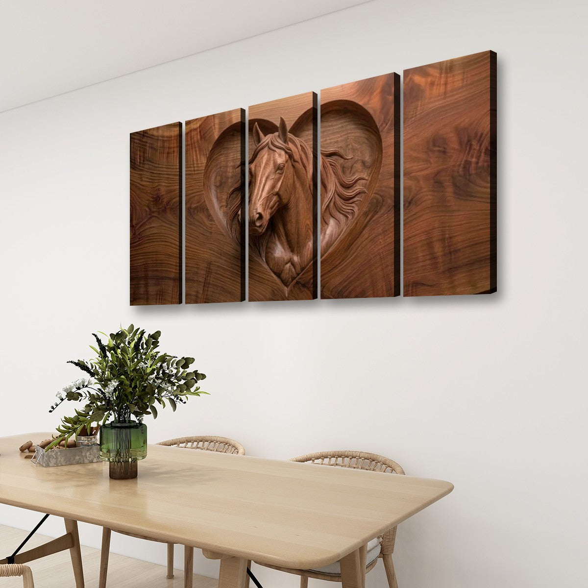 Wood Sculpture Horse Head with Heart 5-Panel Canvas Wall Art