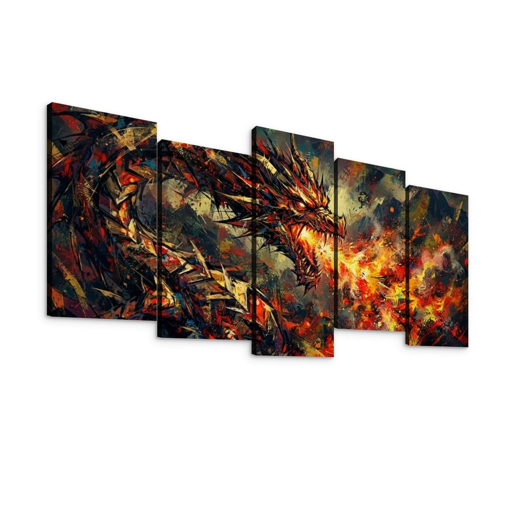 A five-panel canvas wall art set depicting a dramatic fiery dragon in abstract, painterly brushstrokes, shown against a plain white background.