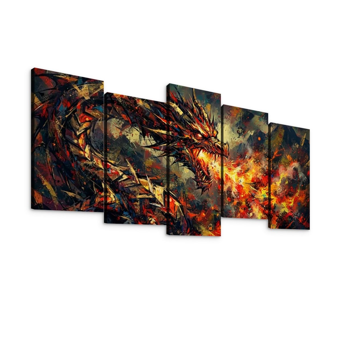 A five-panel canvas wall art set depicting a dramatic fiery dragon in abstract, painterly brushstrokes, shown against a plain white background.
