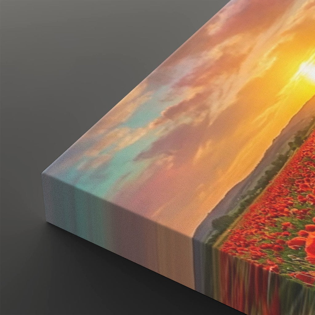 Golden Hour Poppy Field Canvas Wall Art – Fields of Fire | 5-Panel Level Nature Landscape Print