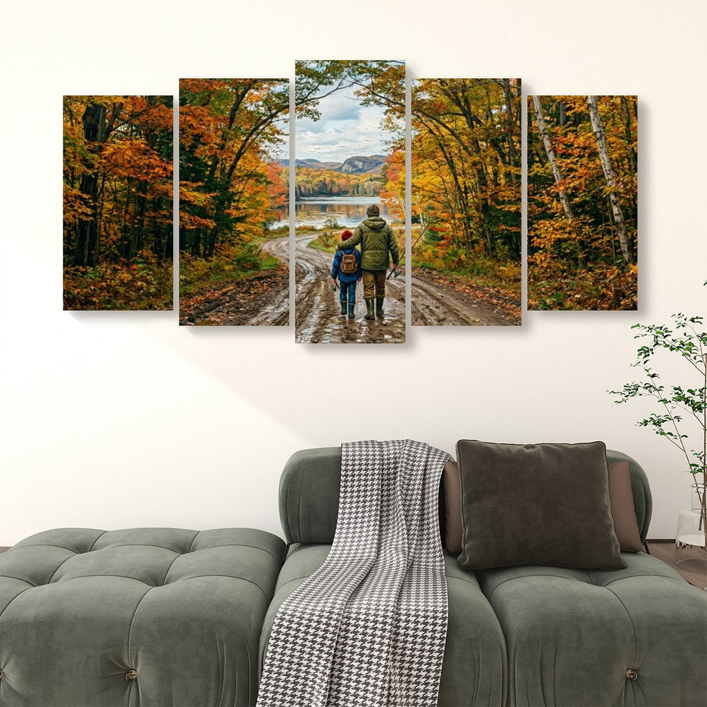 A five-panel canvas wall art set depicting a couple walking along a dirt path toward a lake in autumn, displayed above a green sofa in a living room setting.