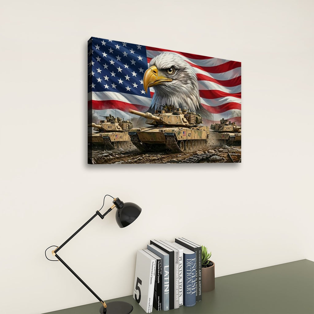 US American Flag Bald Eagle Army Tanks Military Split Canvas Panel Wall Art 1, 3, 5 Panel