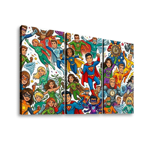 Kids Superhero Canvas Wall Art – Bold Action Print for Boys & Girls | 1, 3 & 5 Panel Bedroom Décor