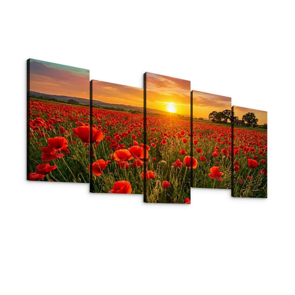 Golden Hour Poppy Field Canvas Wall Art – Fields of Fire | 5-Panel Level Nature Landscape Print