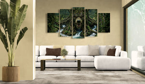 Modern living room with a white sofa, decorative pillows, and a large wall art piece depicting a forest scene.