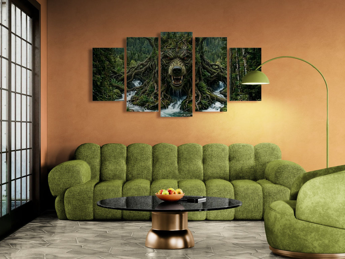 Green sofa in a living room with a large wall art piece depicting a bear in a forest.