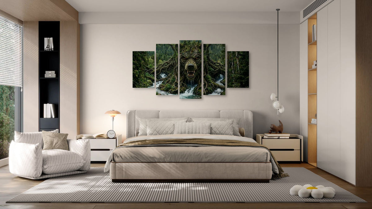 Modern bedroom with a large bed, sofa, and wall art