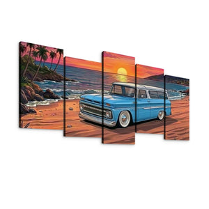 A five-panel canvas wall art set depicting a vintage light blue 1966 Chevy Suburban station wagon parked on a tropical beach at sunset, with palm trees, ocean waves, and a bright sun on the horizon.