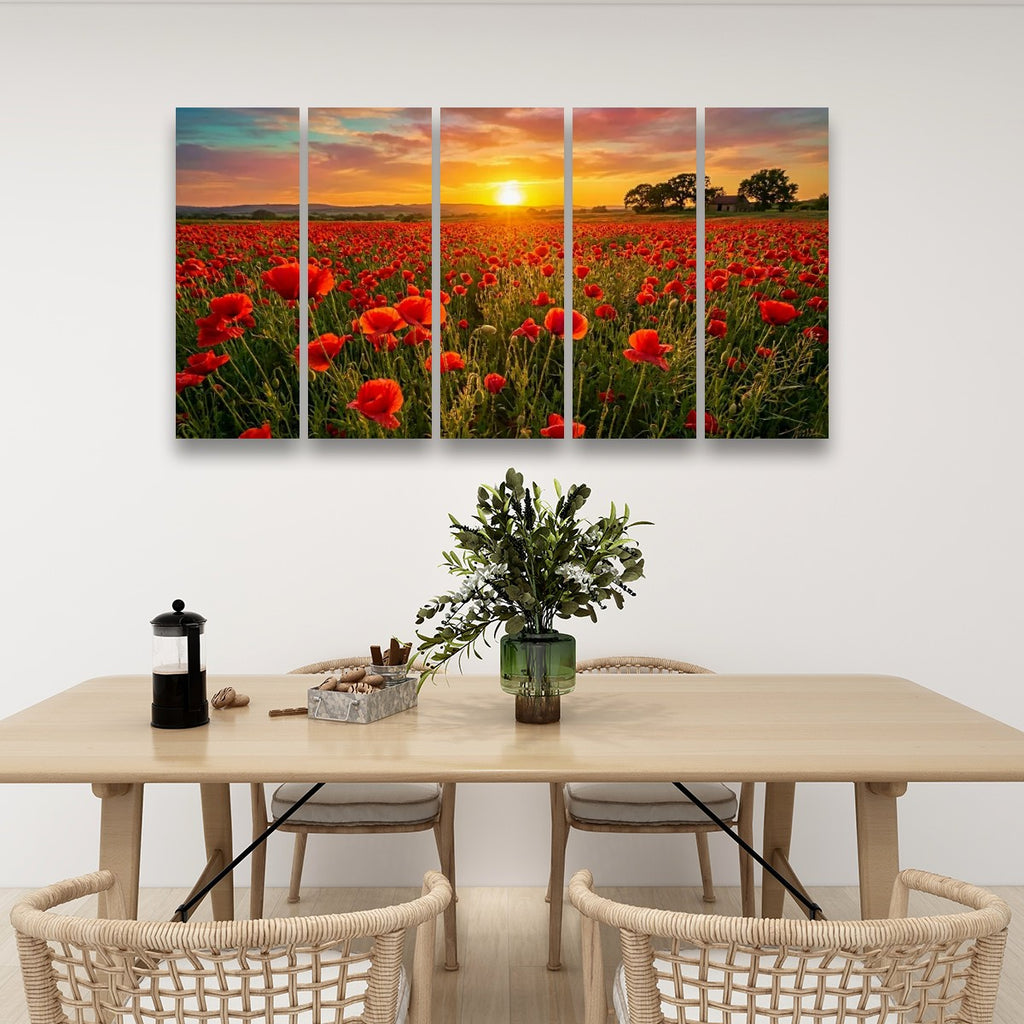 Golden Hour Poppy Field Canvas Wall Art – Fields of Fire | 5-Panel Level Nature Landscape Print