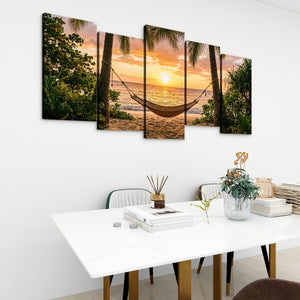 Drift Into Sunset – Hammock & Palm Trees 5-Panel Canvas Wall Art