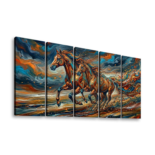 A five-panel canvas wall art set depicting two galloping horses in a dramatic, colorful painting with swirling blue, orange, brown, and gold tones, shown against a plain white background.