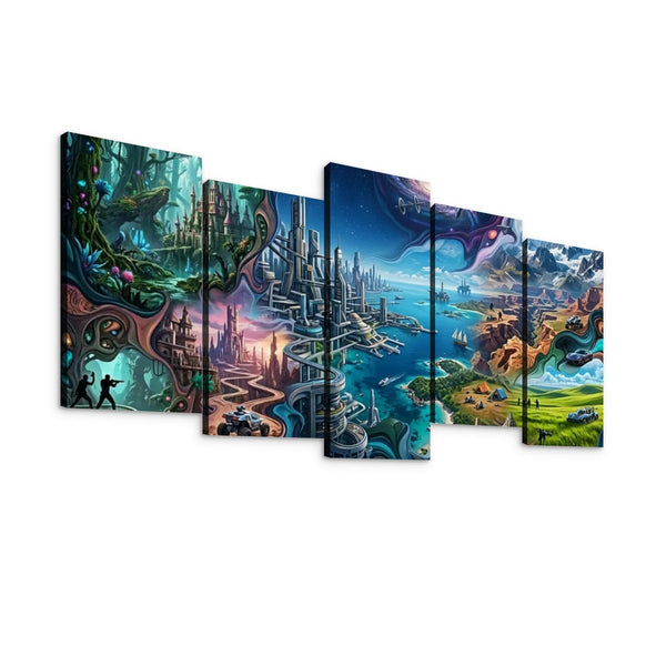 A five-panel canvas wall art set depicting a fantastical futuristic city landscape with glowing towers, waterways, green fields, and purple sky elements, shown against a plain white background.