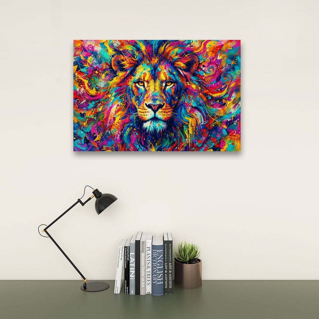 A colorful canvas wall art print of a lion's face in a vibrant, abstract multicolor style, displayed on a beige wall above a desk with a black lamp, books, and a small succulent.
