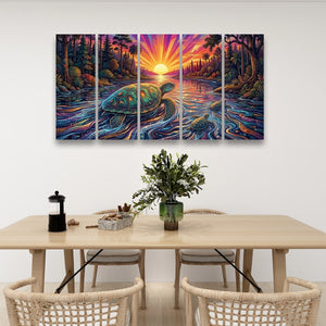 A five-panel canvas wall art set depicting a colorful sunset over a forest river with a sea turtle, displayed above a dining table in a modern room setting.