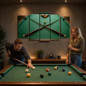 Billiard Table Canvas Wall Art – Pool Table & Racked Balls Game Room Décor | 1, 3 & 5 Panel Print