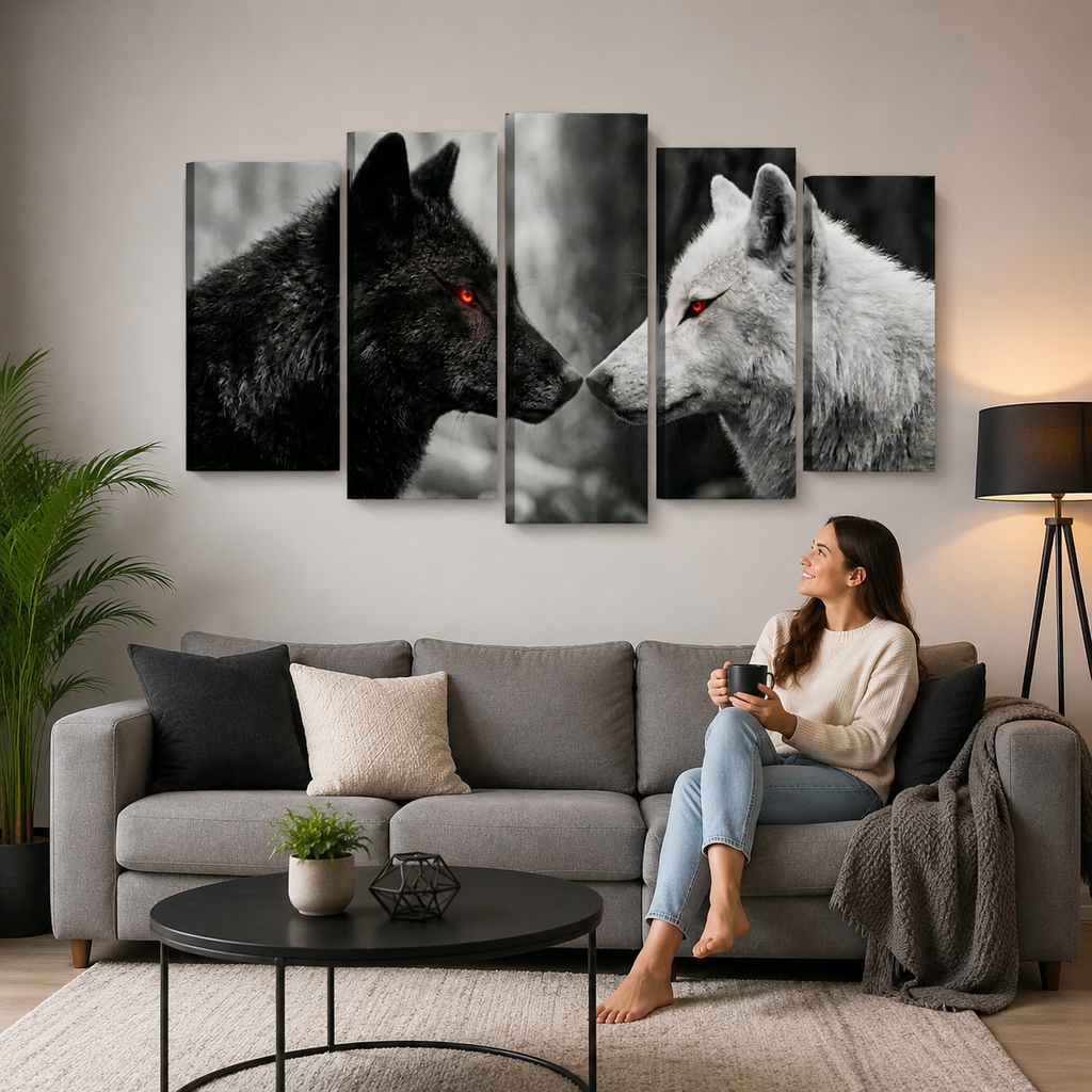 Black & White Wolf Pack Canvas Wall Art – Silent Dominance | 1, 3 & 5 Panel Print