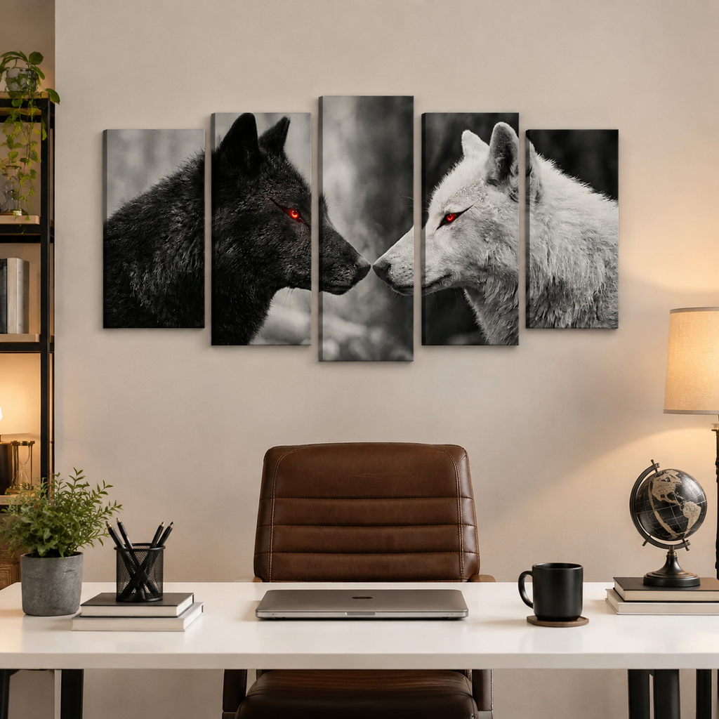 Black & White Wolf Pack Canvas Wall Art – Silent Dominance | 1, 3 & 5 Panel Print