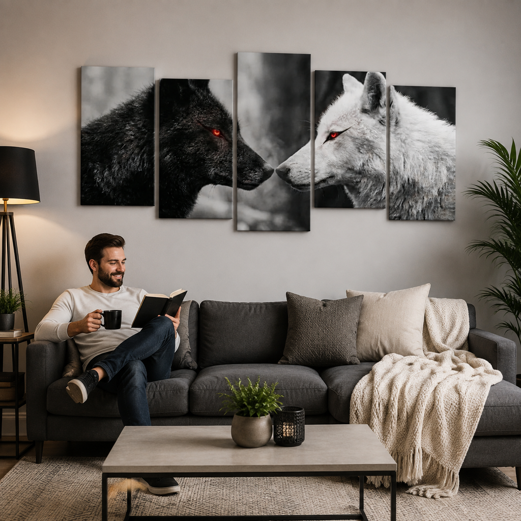 Black & White Wolf Pack Canvas Wall Art – Silent Dominance | 1, 3 & 5 Panel Print