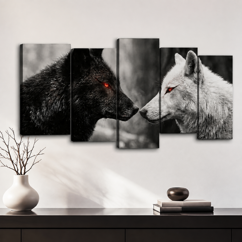 Black & White Wolf Pack Canvas Wall Art – Silent Dominance | 1, 3 & 5 Panel Print