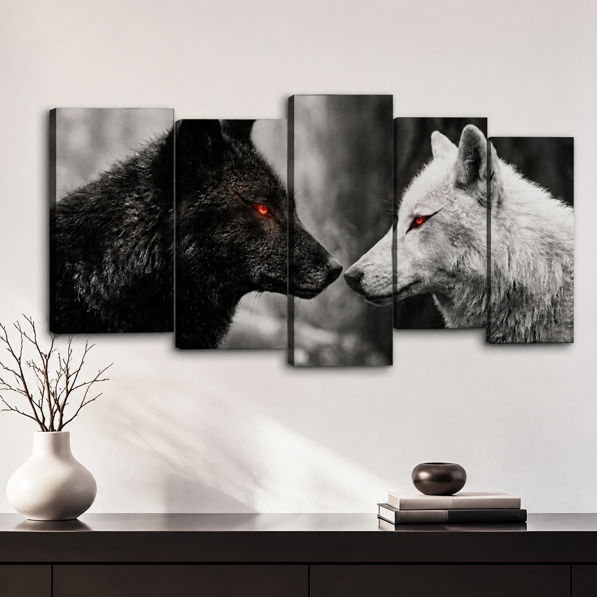 Black & White Wolf Pack Canvas Wall Art – Silent Dominance | 1, 3 & 5 Panel Print