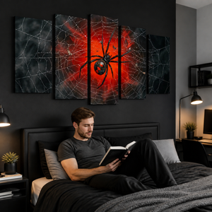 Black Widow Spider Web Canvas Wall Art — 5-Panel Level