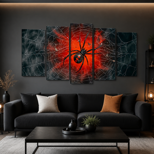 Black Widow Spider Web Canvas Wall Art — 5-Panel Level