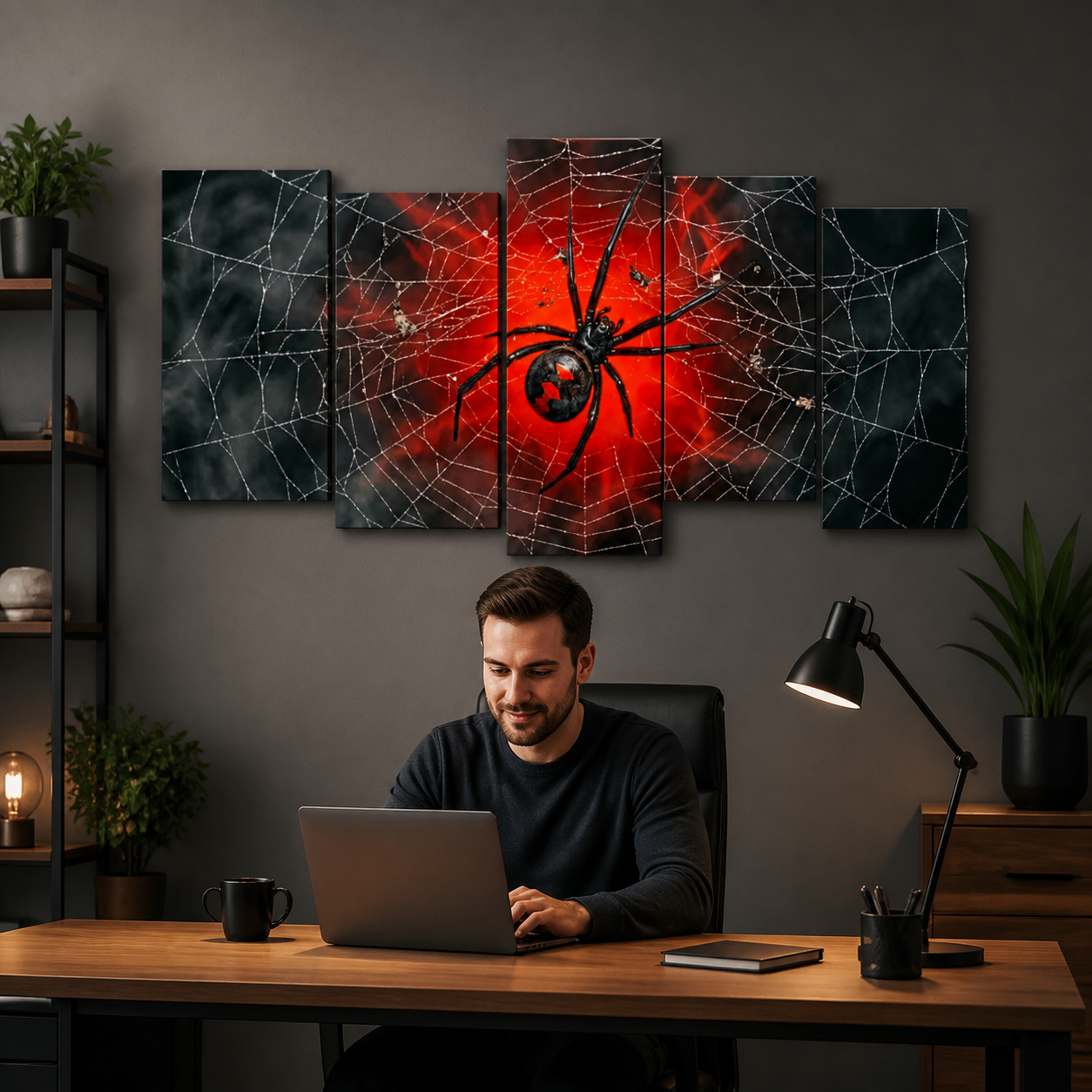 Black Widow Spider Web Canvas Wall Art — 5-Panel Level