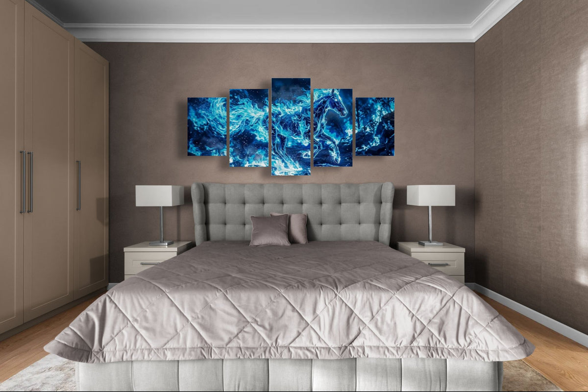 Bedroom with a large bed and abstract blue wall art