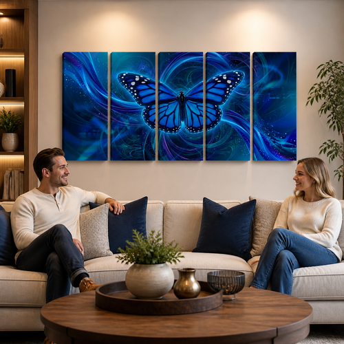 A five-panel canvas wall art set depicting a vibrant blue Monarch butterfly on a swirling cosmic background, displayed on a beige wall above a modern sofa with a man and woman sitting in the living room.