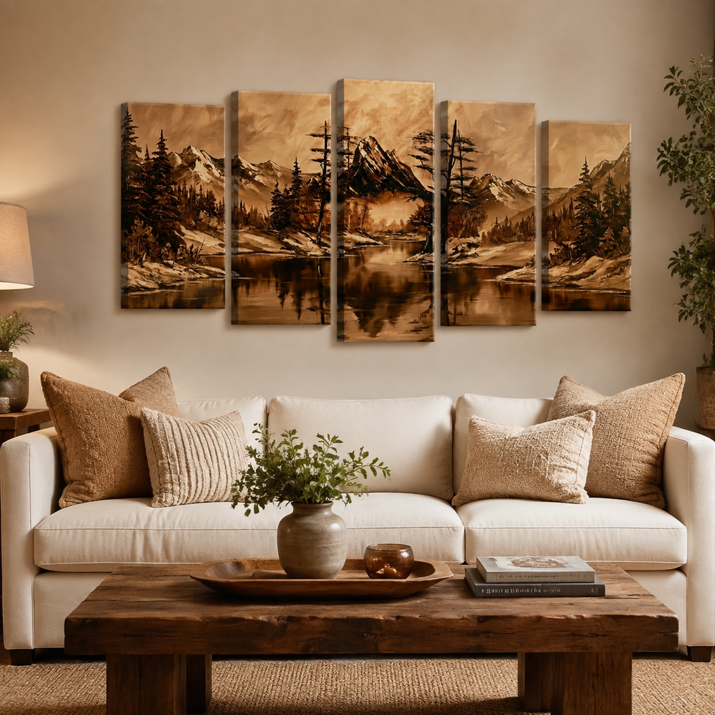 Oil Painting-Style Mountain & Trees Landscape Canvas Wall Art — Brown Tones