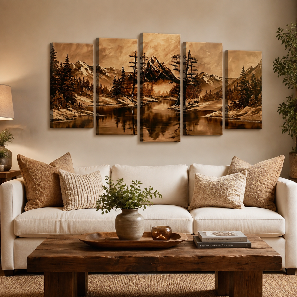Oil Painting-Style Mountain & Trees Landscape Canvas Wall Art — Brown Tones