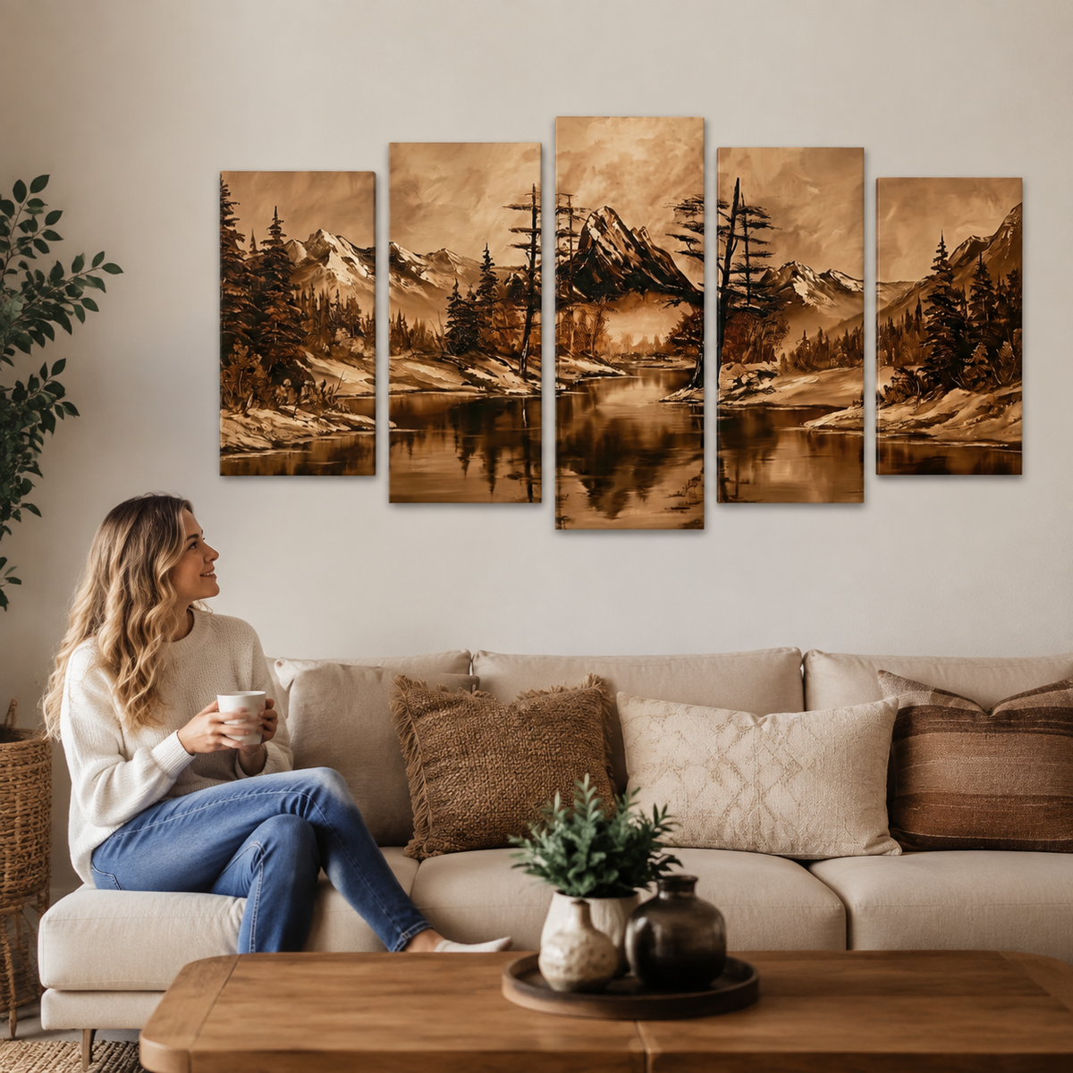 Oil Painting-Style Mountain & Trees Landscape Canvas Wall Art — Brown Tones