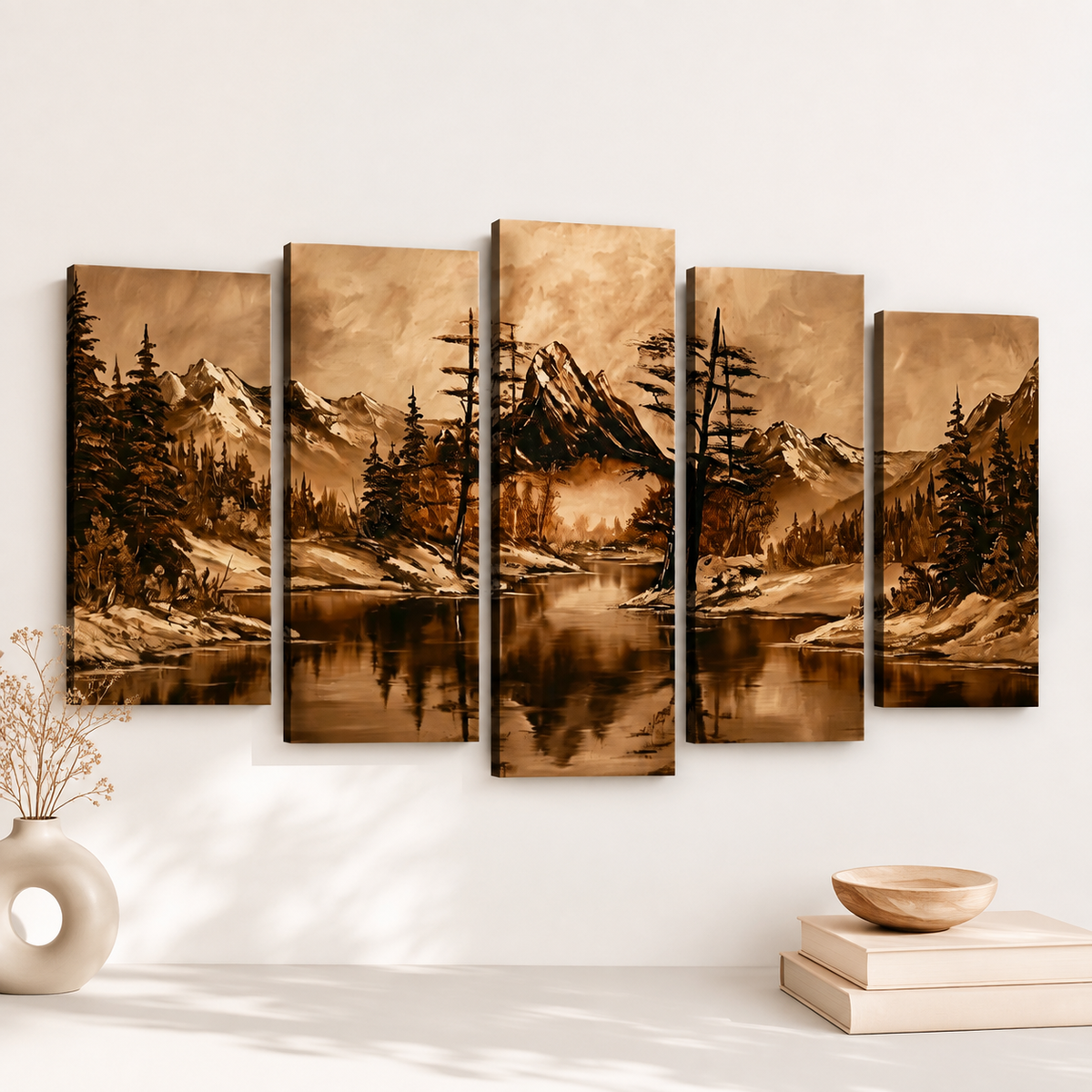 Oil Painting-Style Mountain & Trees Landscape Canvas Wall Art — Brown Tones